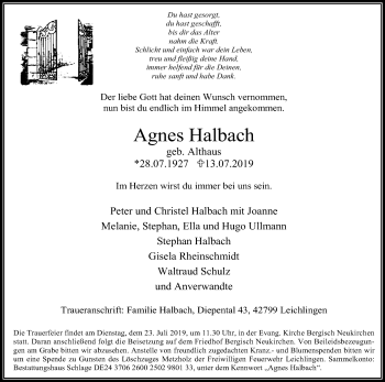 Anzeige von Agnes Halbach von Kölner Stadt-Anzeiger / Kölnische Rundschau / Express