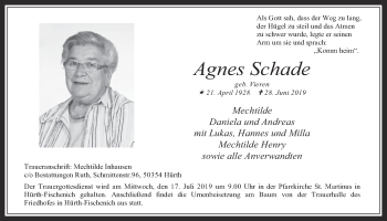 Anzeige von Agnes Schade von  Wochenende 