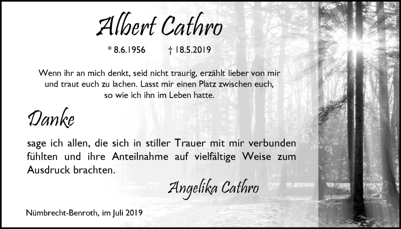  Traueranzeige für Albert Cathro vom 24.07.2019 aus  Lokalanzeiger 