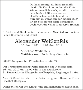 Anzeige von Alexander Weißenfels von  Extra Blatt 