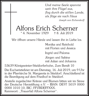 Anzeige von Alfons Erich Scherner von  Rhein-Sieg-Wochenende 