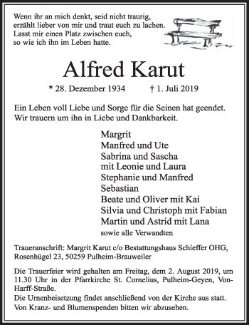 Anzeige von Alfred Karut von  Sonntags-Post 