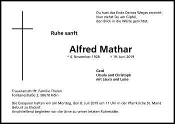 Anzeige von Alfred Mathar von Kölner Stadt-Anzeiger / Kölnische Rundschau / Express