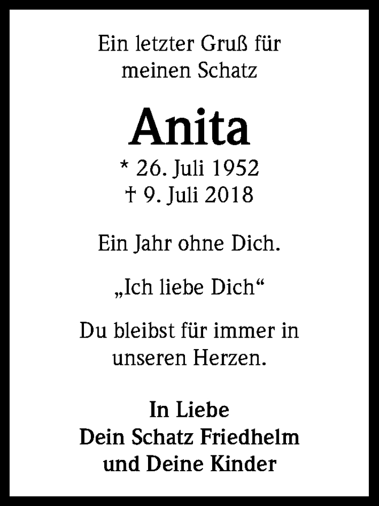  Traueranzeige für Anita  vom 09.07.2019 aus Kölner Stadt-Anzeiger / Kölnische Rundschau / Express