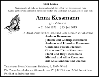 Anzeige von Anna Kessmann von Kölner Stadt-Anzeiger / Kölnische Rundschau / Express