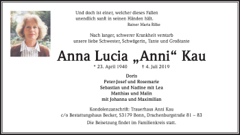 Anzeige von Anna Lucia Kau von Kölner Stadt-Anzeiger / Kölnische Rundschau / Express