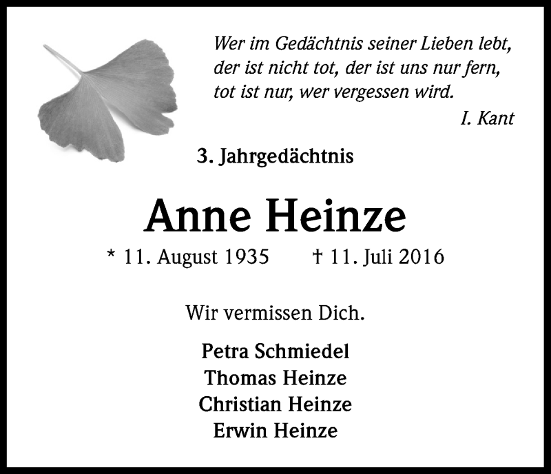  Traueranzeige für Anne Heinze vom 11.07.2019 aus Kölner Stadt-Anzeiger / Kölnische Rundschau / Express
