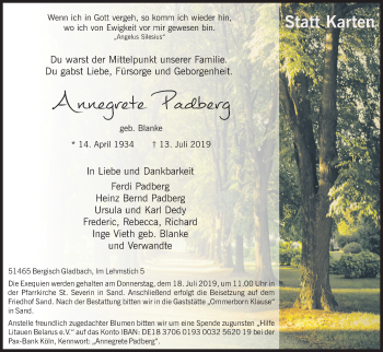 Anzeige von Annegrete Padberg von Kölner Stadt-Anzeiger / Kölnische Rundschau / Express