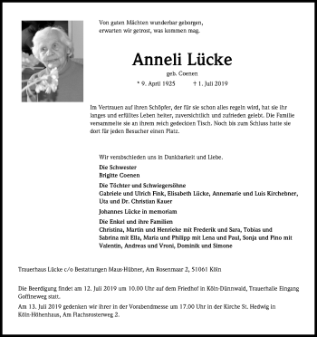 Anzeige von Anneli Lücke von Kölner Stadt-Anzeiger / Kölnische Rundschau / Express