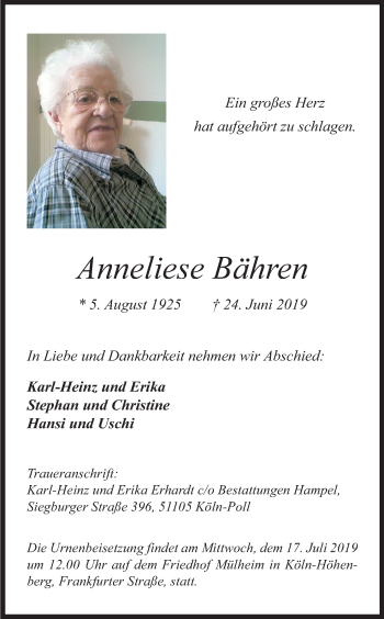 Anzeige von Anneliese Bähren von Kölner Stadt-Anzeiger / Kölnische Rundschau / Express