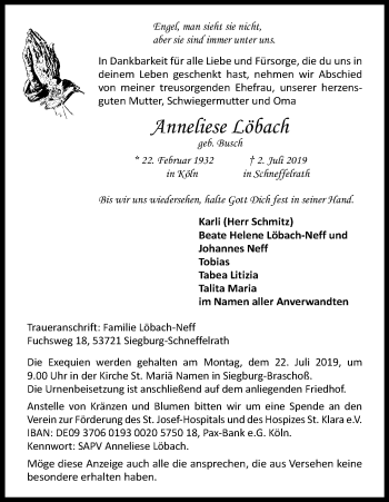 Anzeige von Anneliese Löbach von Kölner Stadt-Anzeiger / Kölnische Rundschau / Express