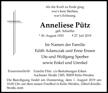 Anzeige von Anneliese Pütz von Kölner Stadt-Anzeiger / Kölnische Rundschau / Express