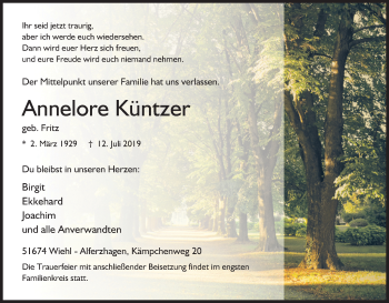 Anzeige von Annelore Küntzer von Kölner Stadt-Anzeiger / Kölnische Rundschau / Express