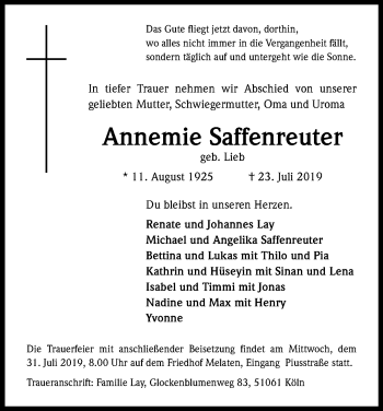 Anzeige von Annemie Saffenreuter von Kölner Stadt-Anzeiger / Kölnische Rundschau / Express