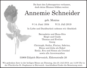 Anzeige von Annemie Schneider von  Blickpunkt Euskirchen 