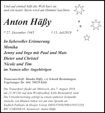 Anzeige von Anton Häßy von Kölner Stadt-Anzeiger / Kölnische Rundschau / Express