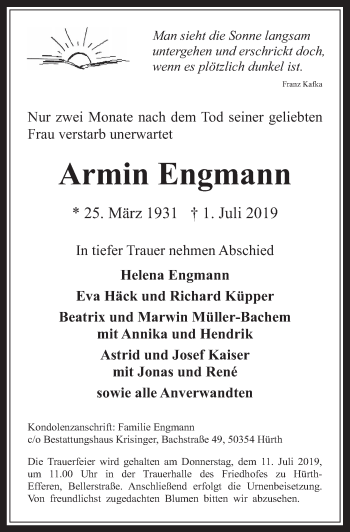 Anzeige von Armin Engmann von  Wochenende 