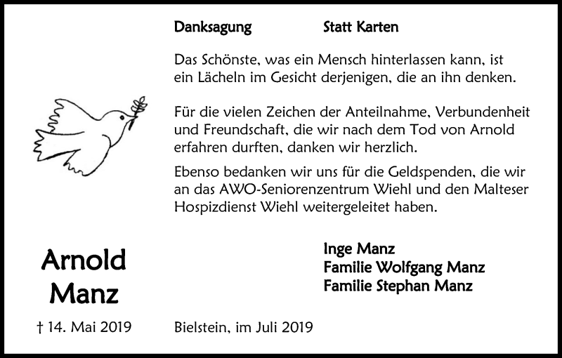  Traueranzeige für Arnold Manz vom 13.07.2019 aus Kölner Stadt-Anzeiger / Kölnische Rundschau / Express