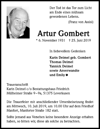Anzeige von Artur Gombert von Kölner Stadt-Anzeiger / Kölnische Rundschau / Express