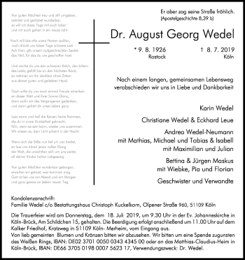 Anzeige von August Georg Wedel von Kölner Stadt-Anzeiger / Kölnische Rundschau / Express