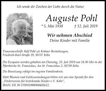 Anzeige von Auguste Pohl von Kölner Stadt-Anzeiger / Kölnische Rundschau / Express