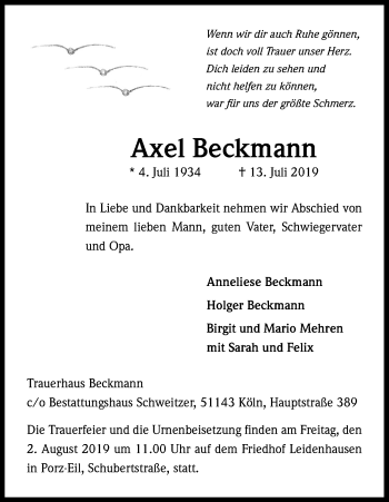 Anzeige von Axel Beckmann von Kölner Stadt-Anzeiger / Kölnische Rundschau / Express