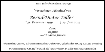 Anzeige von Bernd-Dieter Zöller von Kölner Stadt-Anzeiger / Kölnische Rundschau / Express