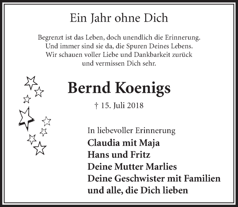  Traueranzeige für Bernd Koenigs vom 13.07.2019 aus  Sonntags-Post 