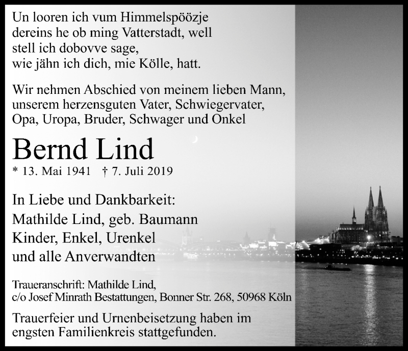  Traueranzeige für Bernd Lind vom 27.07.2019 aus Kölner Stadt-Anzeiger / Kölnische Rundschau / Express