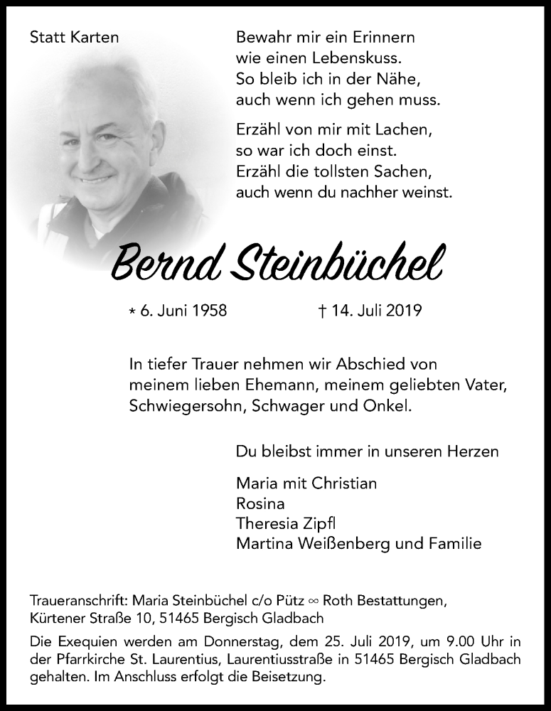  Traueranzeige für Bernd Steinbüchel vom 20.07.2019 aus Kölner Stadt-Anzeiger / Kölnische Rundschau / Express