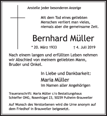 Anzeige von Bernhard Müller von  Sonntags-Post 