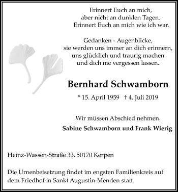 Anzeige von Bernhard Schwamborn von Kölner Stadt-Anzeiger / Kölnische Rundschau / Express