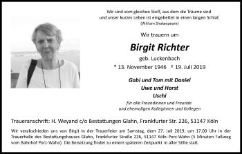 Anzeige von Birgit Richter von Kölner Stadt-Anzeiger / Kölnische Rundschau / Express