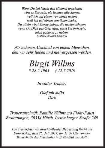 Anzeige von Birgit Willms von  Schlossbote/Werbekurier 