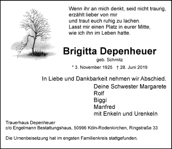 Anzeige von Brigitta Depenheuer von  Kölner Wochenspiegel 