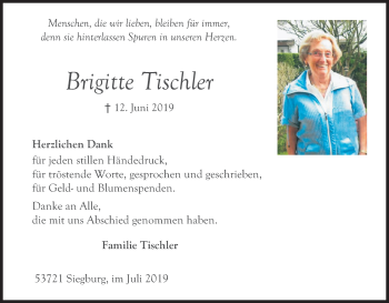 Anzeige von Brigitte Tischler von Kölner Stadt-Anzeiger / Kölnische Rundschau / Express