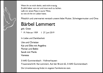 Anzeige von Bärbel Lemmert von  Anzeigen Echo 