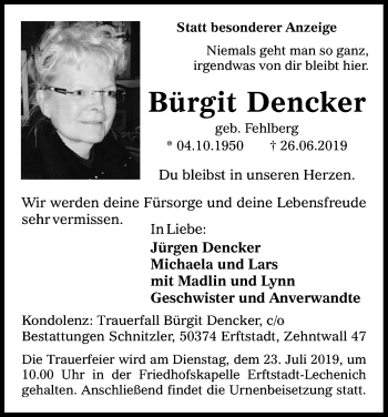 Anzeige von Bürgit Dencker von Kölner Stadt-Anzeiger / Kölnische Rundschau / Express