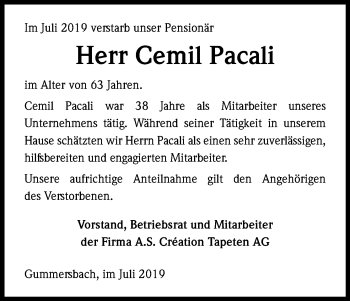 Anzeige von Cemil Pacali von Kölner Stadt-Anzeiger / Kölnische Rundschau / Express