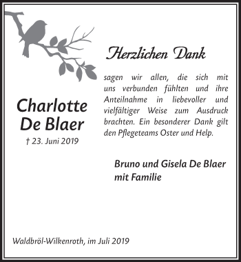 Anzeige von Charlotte De Blaer von  Lokalanzeiger 