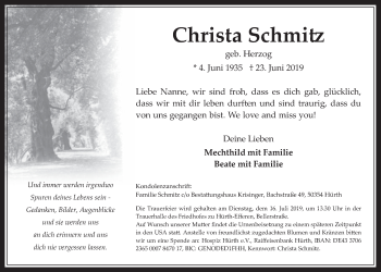 Anzeige von Christa Schmitz von  Wochenende 