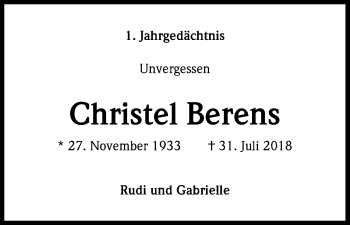 Anzeige von Christel Berens von Kölner Stadt-Anzeiger / Kölnische Rundschau / Express