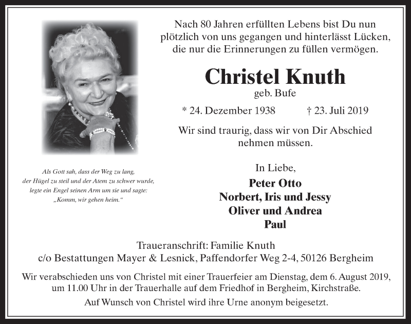  Traueranzeige für Christel Knuth vom 31.07.2019 aus  Werbepost 