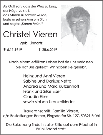 Anzeige von Christel Vieren von  Wochenende  Schlossbote/Werbekurier 