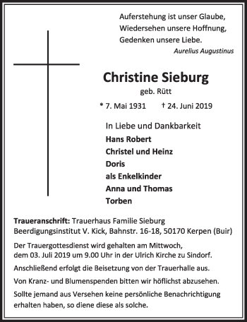 Anzeige von Christine Sieburg von  Sonntags-Post 