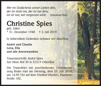 Anzeige von Christine Spies von Kölner Stadt-Anzeiger / Kölnische Rundschau / Express