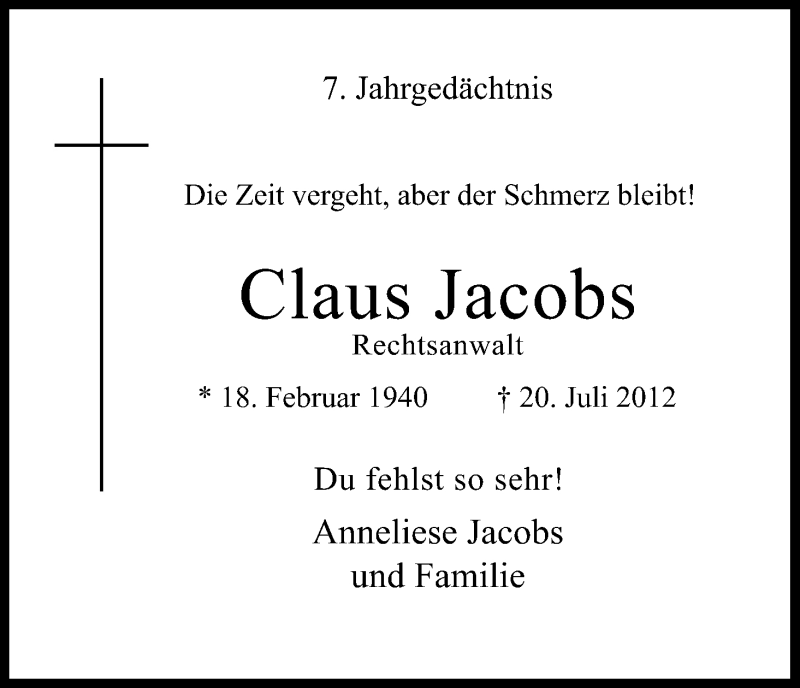  Traueranzeige für Claus Jacobs vom 20.07.2019 aus Kölner Stadt-Anzeiger / Kölnische Rundschau / Express