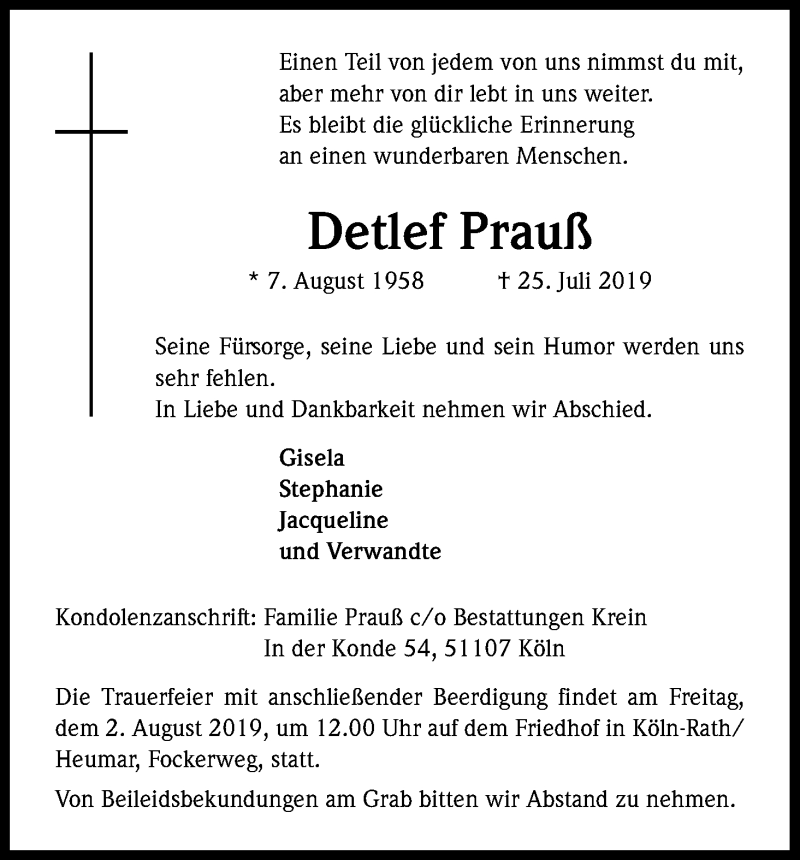  Traueranzeige für Detlef Prauß vom 30.07.2019 aus Kölner Stadt-Anzeiger / Kölnische Rundschau / Express