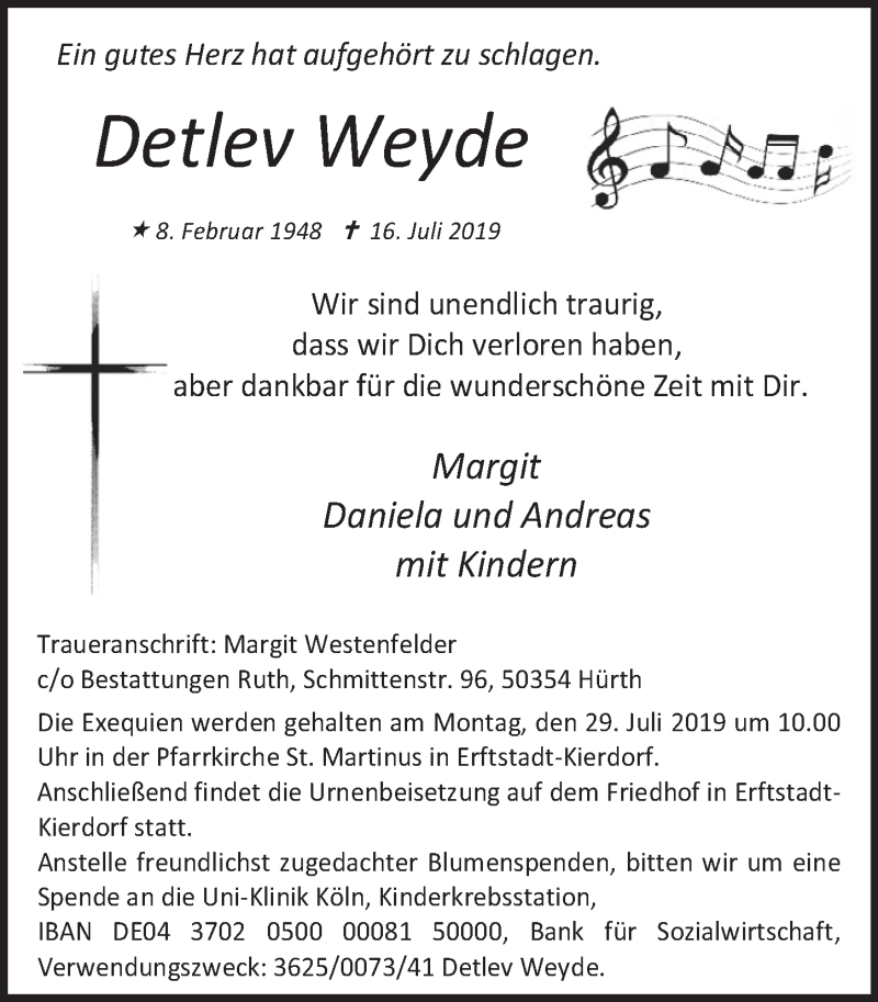  Traueranzeige für Detlev Weyde vom 24.07.2019 aus  Werbepost 