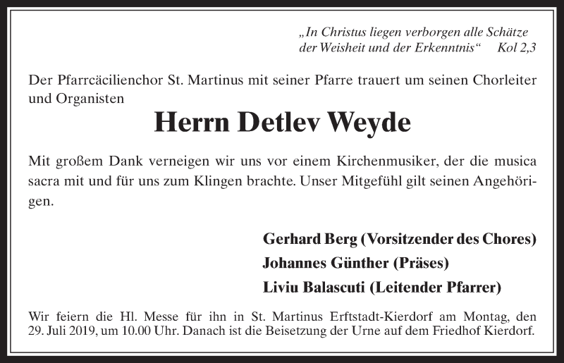  Traueranzeige für Detlev Weyde vom 24.07.2019 aus  Werbepost 